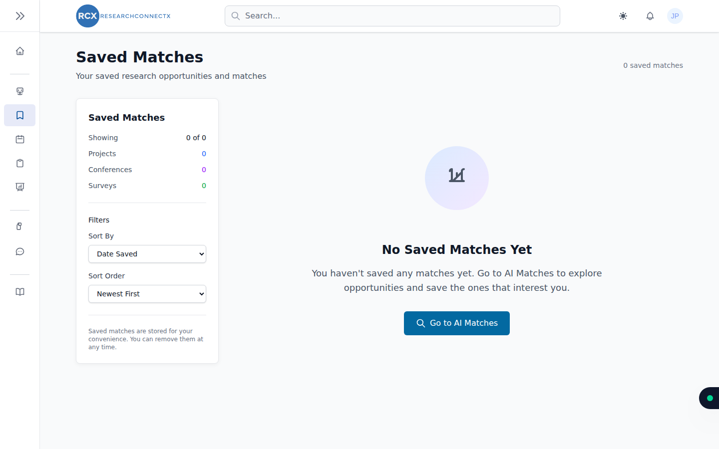 The Saved Matches page