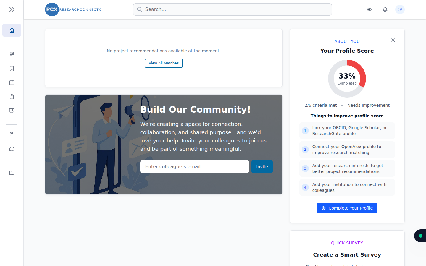 The ResearchConnectX dashboard