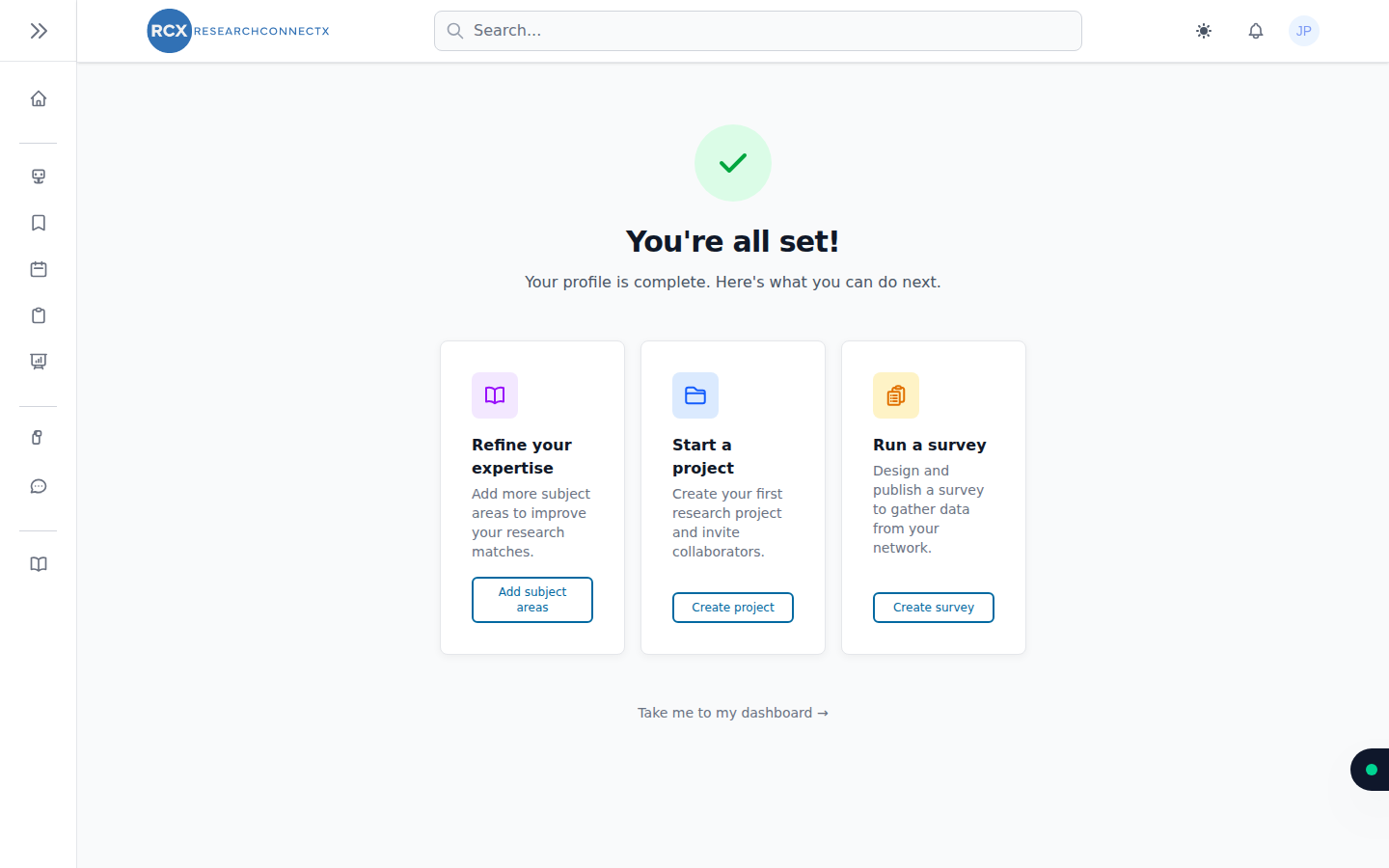 The welcome page after completing onboarding