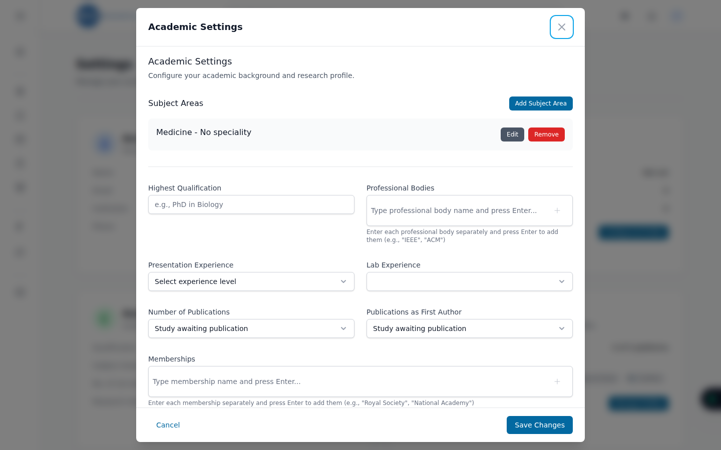 The Academic Settings form