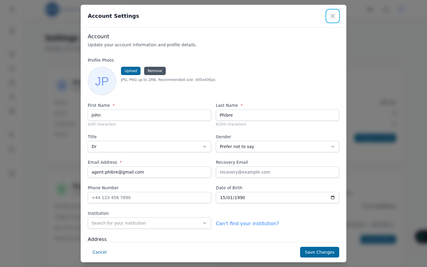 The Account settings form