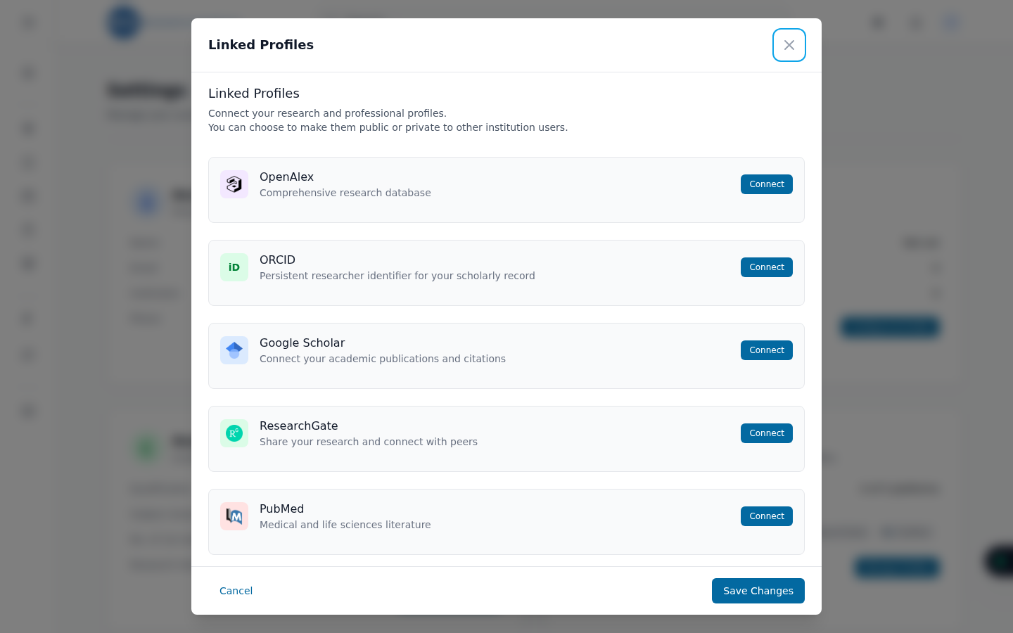 The Linked Profiles connect dialog