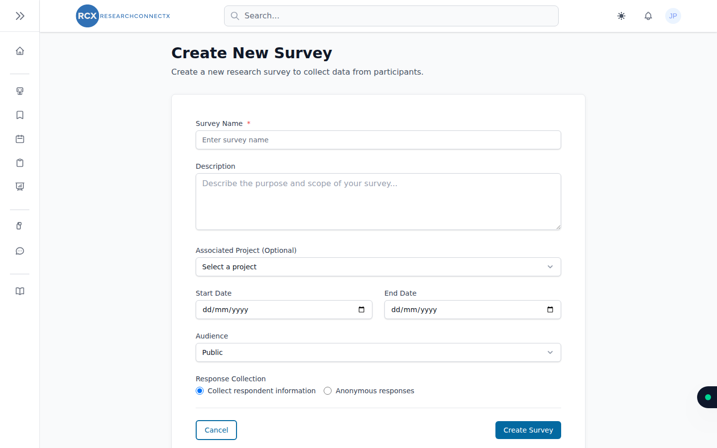 The survey details form